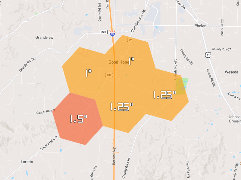 Hail map of Cullman, AL on Jul 3, 2026, hail up to 1.5"