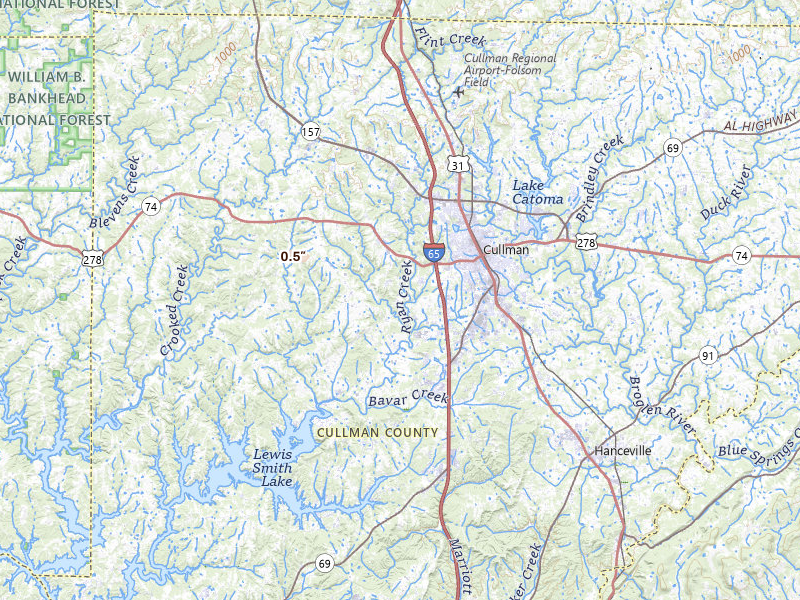 Radar-estimated hail-size map of the storm over Cullman, AL on Jul 11, 2026