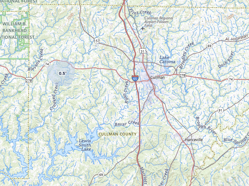NEXRAD radar-signature map of the hail storm over Cullman, AL on Jul 11, 2026