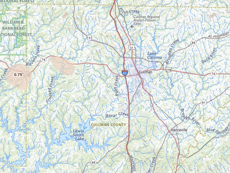 Radar-estimated hail-size map of the storm over Cullman, AL on Jul 18, 2026