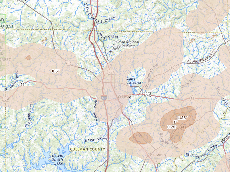 Radar-estimated hail-size map of the storm over Cullman, AL on Aug 20, 2026