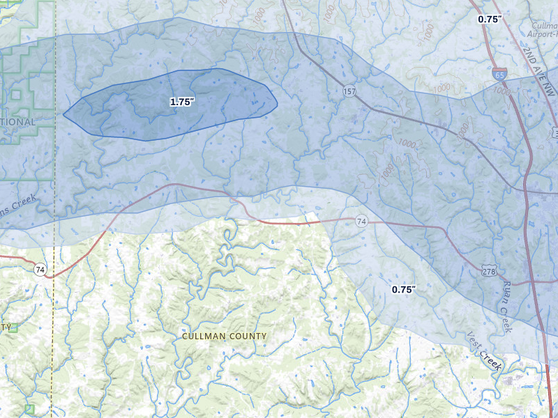 NEXRAD radar-signature map of the hail storm over Cullman, AL on Aug 20, 2026