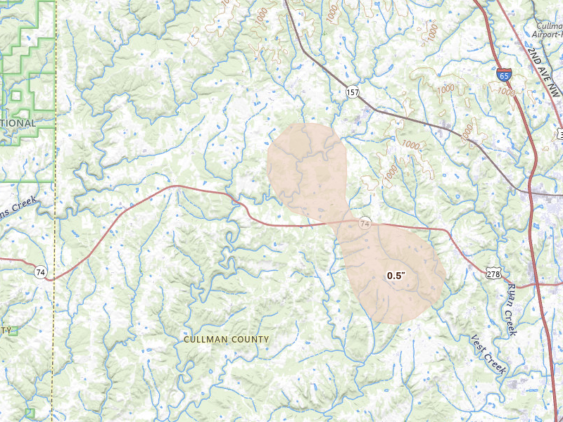 Radar-estimated hail-size map of the storm over Cullman, AL on Aug 26, 2026