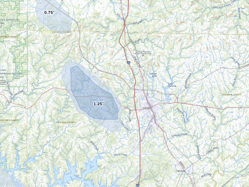 NEXRAD radar-signature map of the hail storm over Cullman, AL on Aug 26, 2026