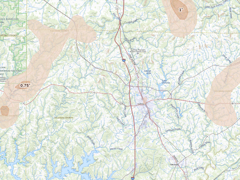 Radar-estimated hail-size map of the storm over Cullman, AL