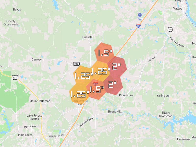 Hail map of Cusseta, AL on Jul 5, 2026, hail up to 2"