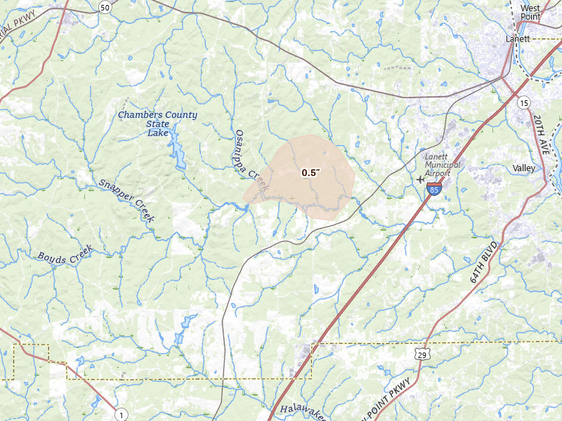 Radar-estimated hail-size map of the storm over Cusseta, AL on Aug 14, 2026