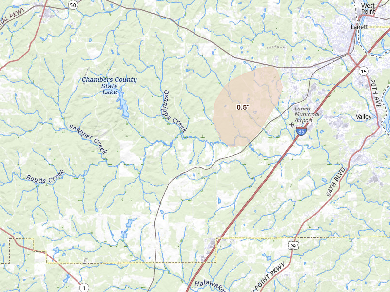 Radar-estimated hail-size map of the storm over Cusseta, AL on Aug 28, 2026