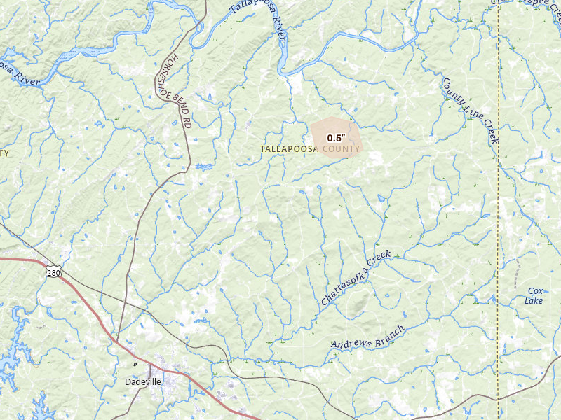 Radar-estimated hail-size map of the storm over Dadeville, AL on Aug 13, 2026