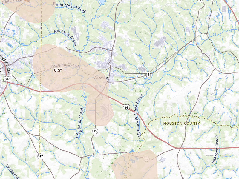 Radar-estimated hail-size map of the storm over Daleville, AL on Aug 12, 2026