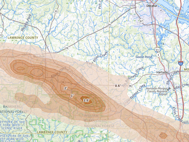 Radar-estimated hail-size map of the storm over Danville, AL on Feb 26, 2026