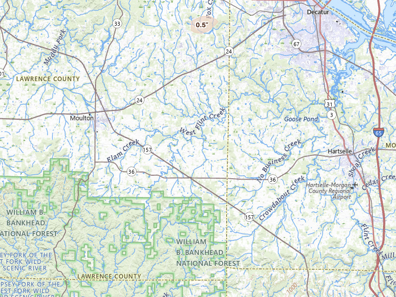 Radar-estimated hail-size map of the storm over Danville, AL on Apr 27, 2026