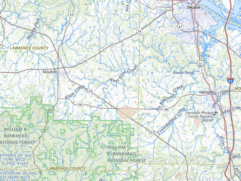 Radar-estimated hail-size map of the storm over Danville, AL on Apr 28, 2026