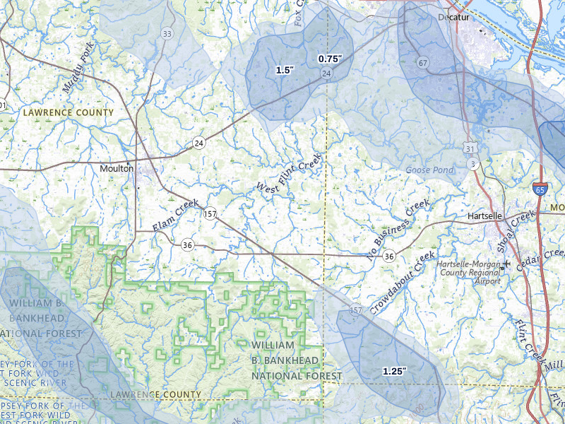 NEXRAD radar-signature map of the hail storm over Danville, AL on Jun 1, 2026