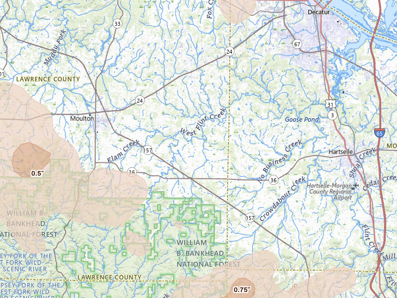 Radar-estimated hail-size map of the storm over Danville, AL on Jul 1, 2026