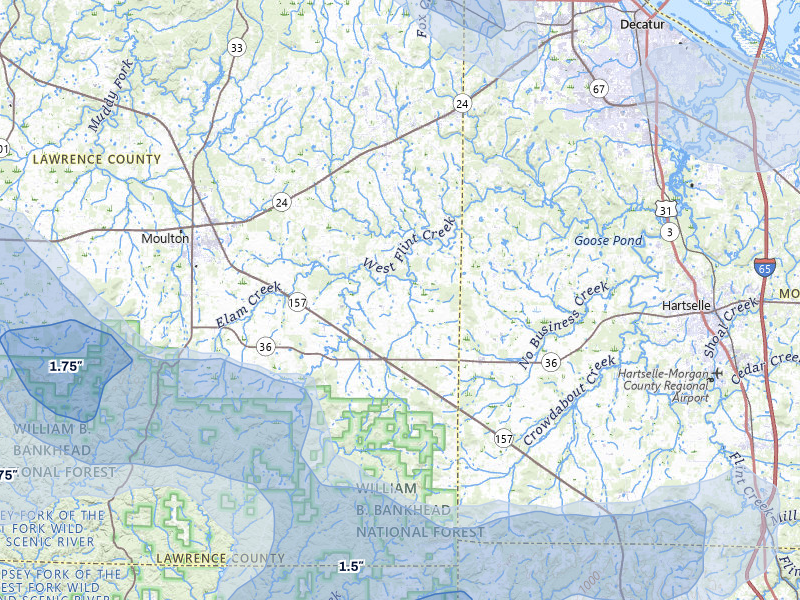 NEXRAD radar-signature map of the hail storm over Danville, AL on Jul 1, 2026