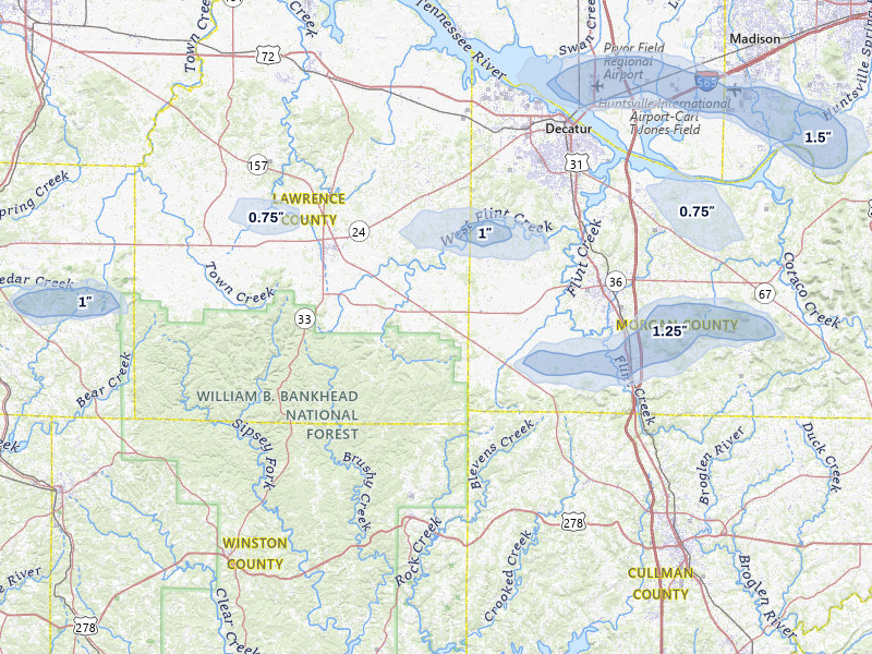 NEXRAD radar-signature map of the hail storm over Danville, AL on Aug 17, 2026