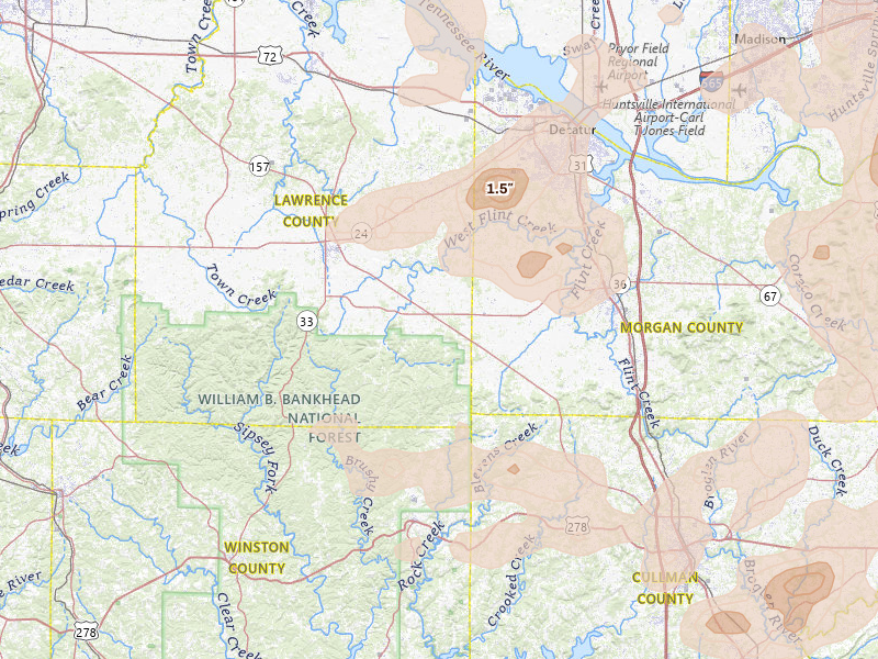 Radar-estimated hail-size map of the storm over Danville, AL on Aug 20, 2026