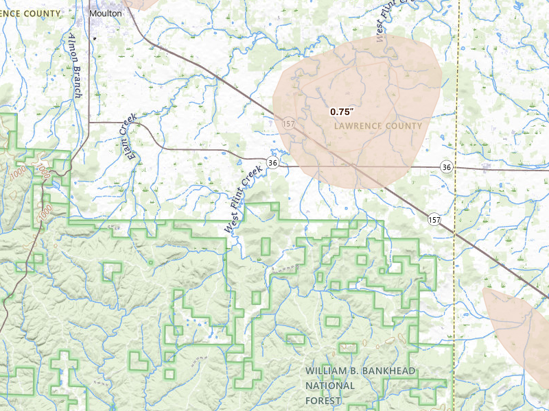 Radar-estimated hail-size map of the storm over Danville, AL on Aug 26, 2026