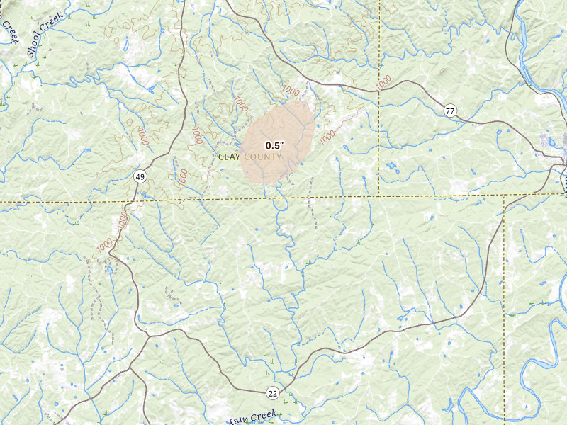Radar-estimated hail-size map of the storm over Daviston, AL on Jun 9, 2026