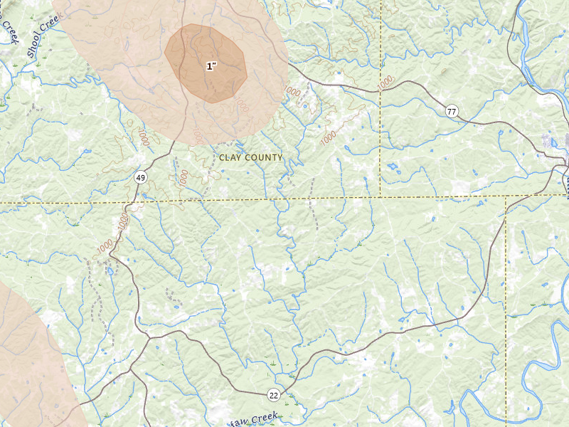 Radar-estimated hail-size map of the storm over Daviston, AL on Jul 1, 2026