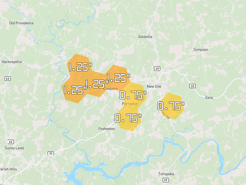 Hail map of Daviston, AL on Jul 1, 2026, hail up to 1.25"