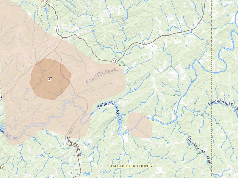Radar-estimated hail-size map of the storm over Daviston, AL on Aug 21, 2026