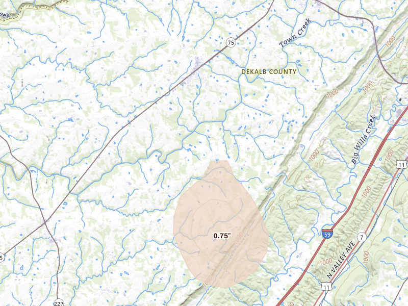 Radar-estimated hail-size map of the storm over Dawson, AL on Jul 1, 2026