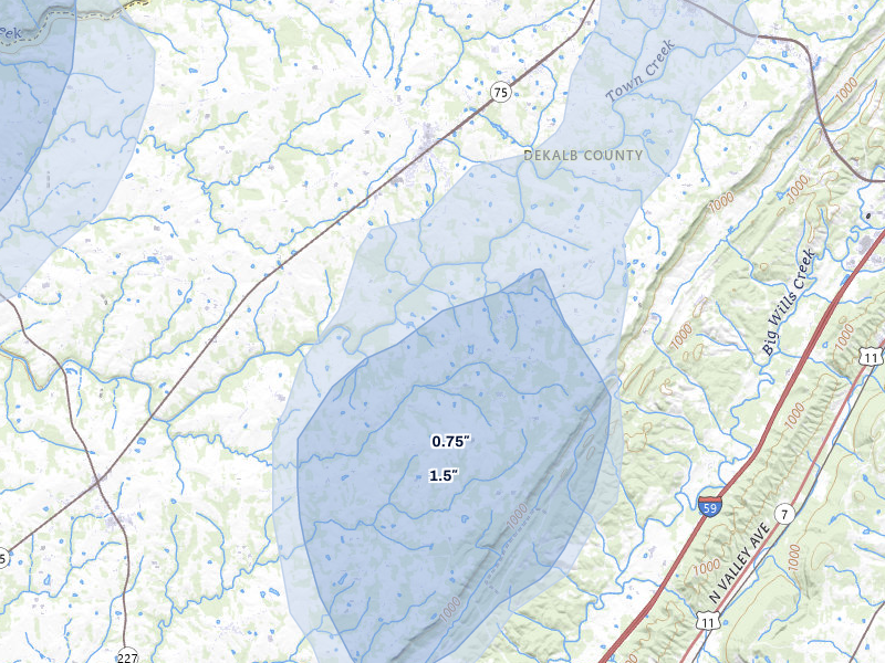 NEXRAD radar-signature map of the hail over Dawson, AL