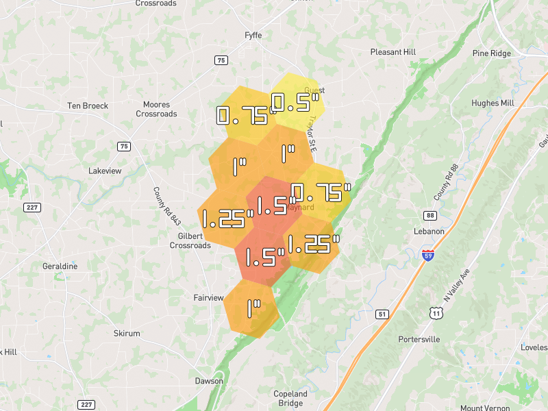 Hail map of Dawson, AL on Jul 1, 2026, hail up to 1.5"