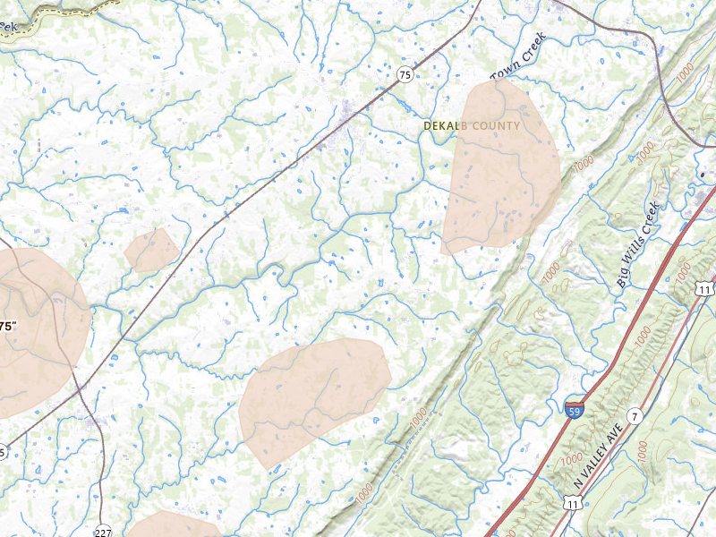 Radar-estimated hail-size map of the storm over Dawson, AL on Jul 3, 2026