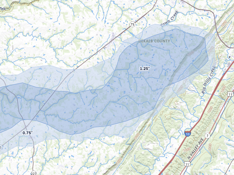 NEXRAD radar-signature map of the hail storm over Dawson, AL on Jul 3, 2026