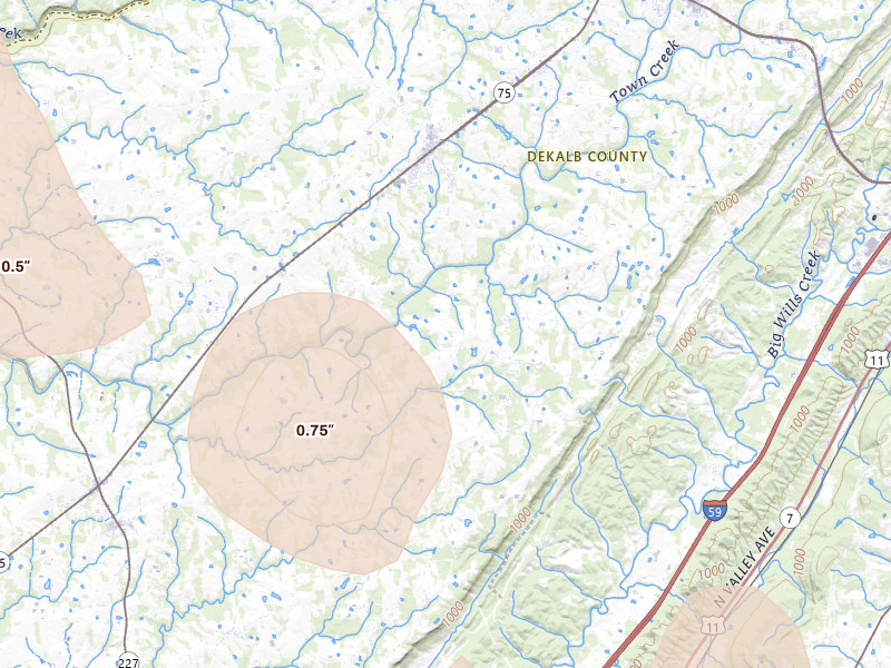 Radar-estimated hail-size map of the storm over Dawson, AL on Aug 20, 2026