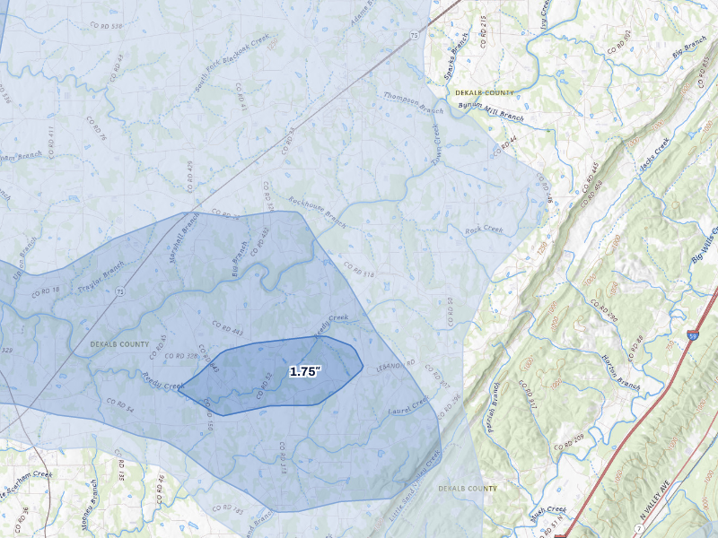 NEXRAD radar-signature map of the hail storm over Dawson, AL on Aug 20, 2026