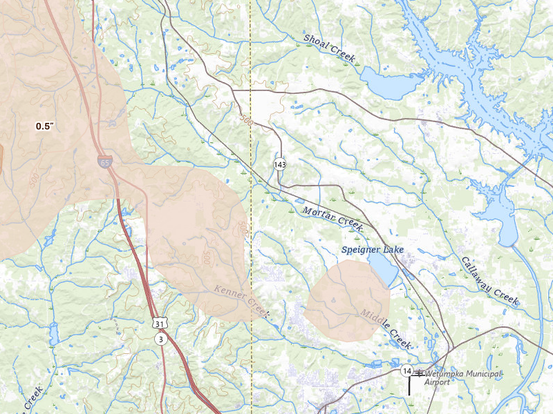 Radar-estimated hail-size map of the storm over Deatsville, AL