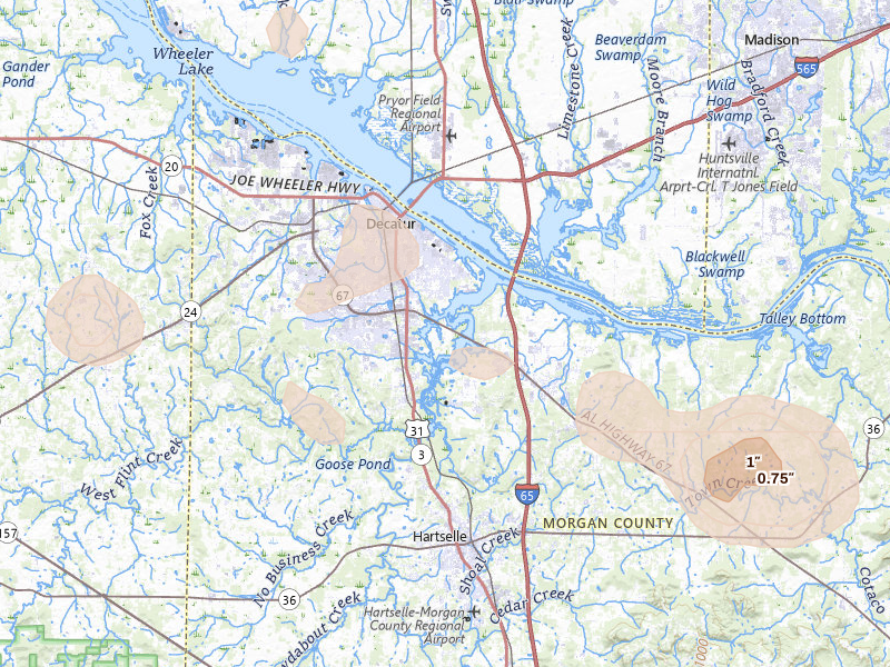 Radar-estimated hail-size map of the storm over Decatur, AL on Jun 1, 2026
