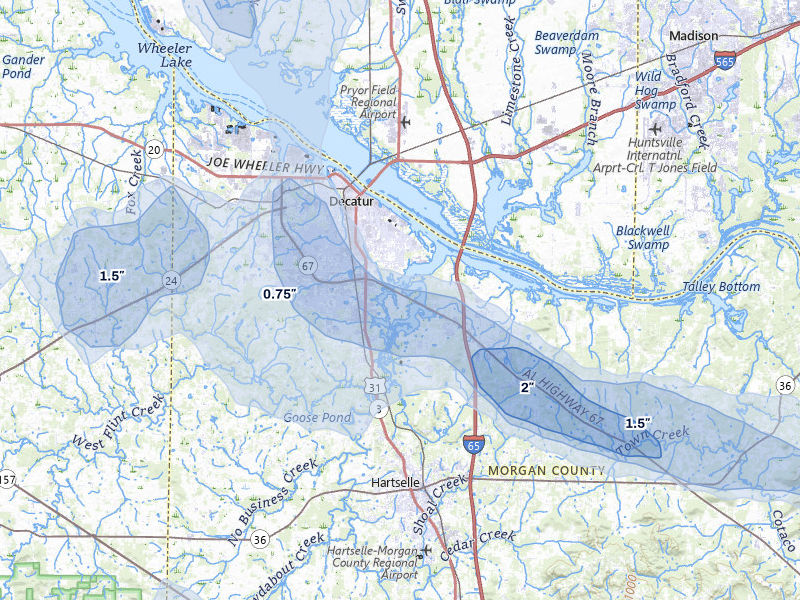 NEXRAD radar-signature map of the hail storm over Decatur, AL on Jun 1, 2026