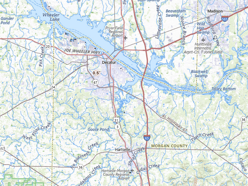 Radar-estimated hail-size map of the storm over Decatur, AL on Jun 22, 2026