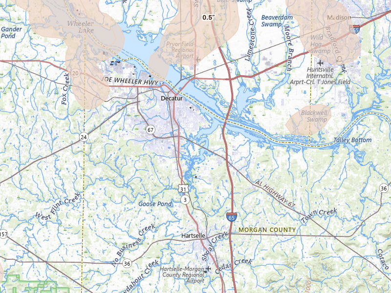 Radar-estimated hail-size map of the storm over Decatur, AL on Jul 1, 2026