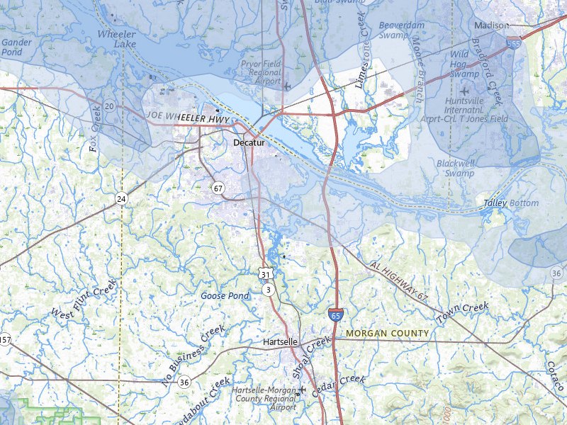 NEXRAD radar-signature map of the hail storm over Decatur, AL on Jul 1, 2026