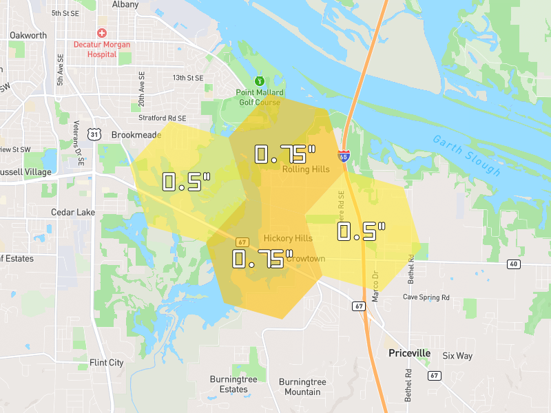 Hail map of Decatur, AL on Jul 1, 2026, hail up to 0.75"