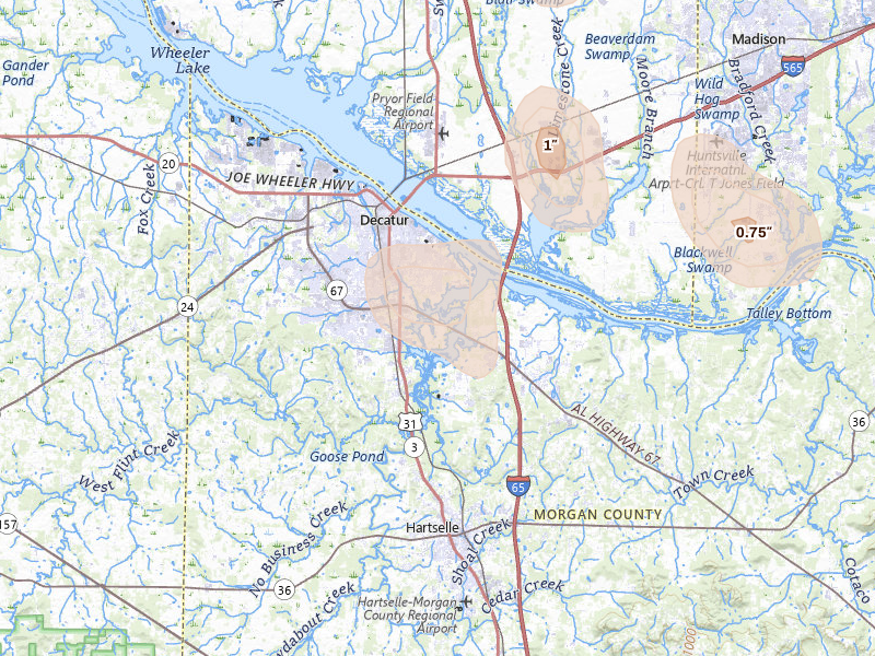 Radar-estimated hail-size map of the storm over Decatur, AL on Jul 3, 2026