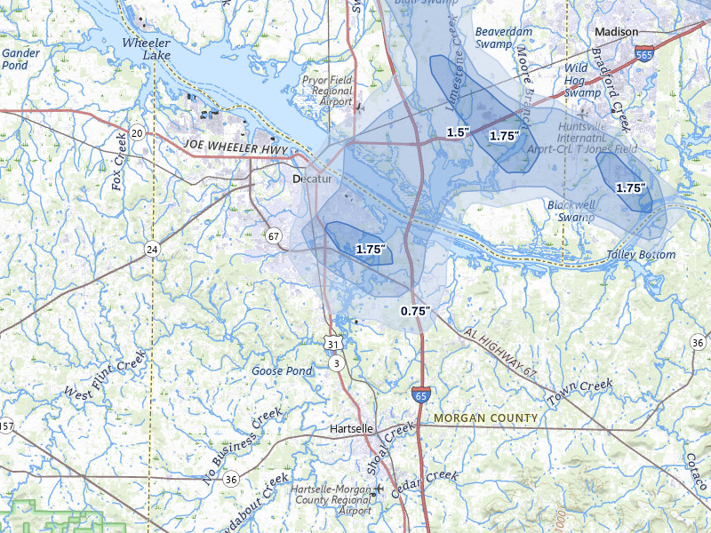 NEXRAD radar-signature map of the hail storm over Decatur, AL on Jul 3, 2026