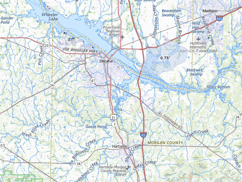 NEXRAD radar-signature map of the hail over Decatur, AL