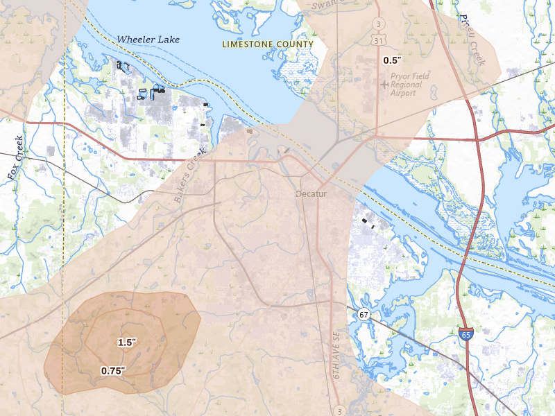 Radar-estimated hail-size map of the storm over Decatur, AL on Aug 20, 2026
