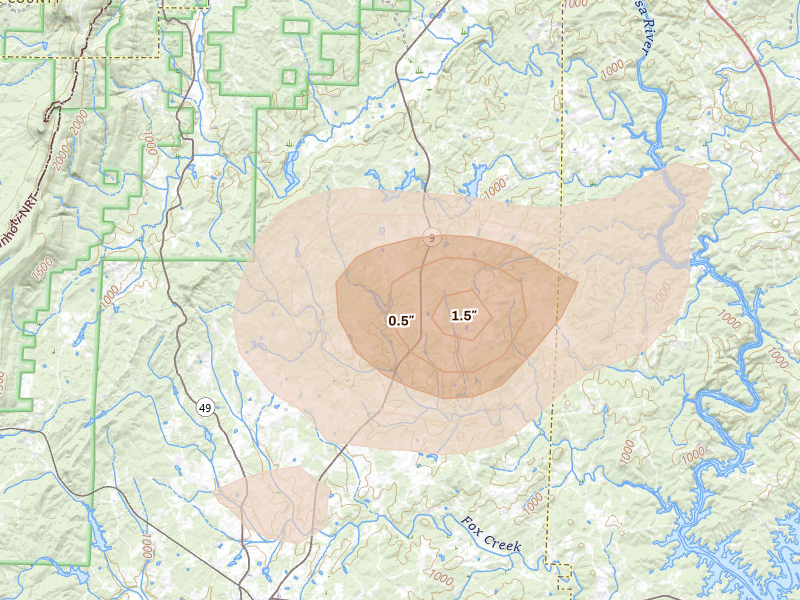 Radar-estimated hail-size map of the storm over Delta, AL on Jul 1, 2026