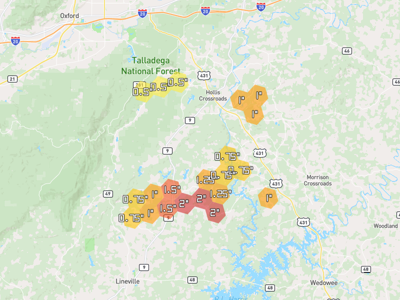 Hail map of Delta, AL on Jul 1, 2026, hail up to 2"