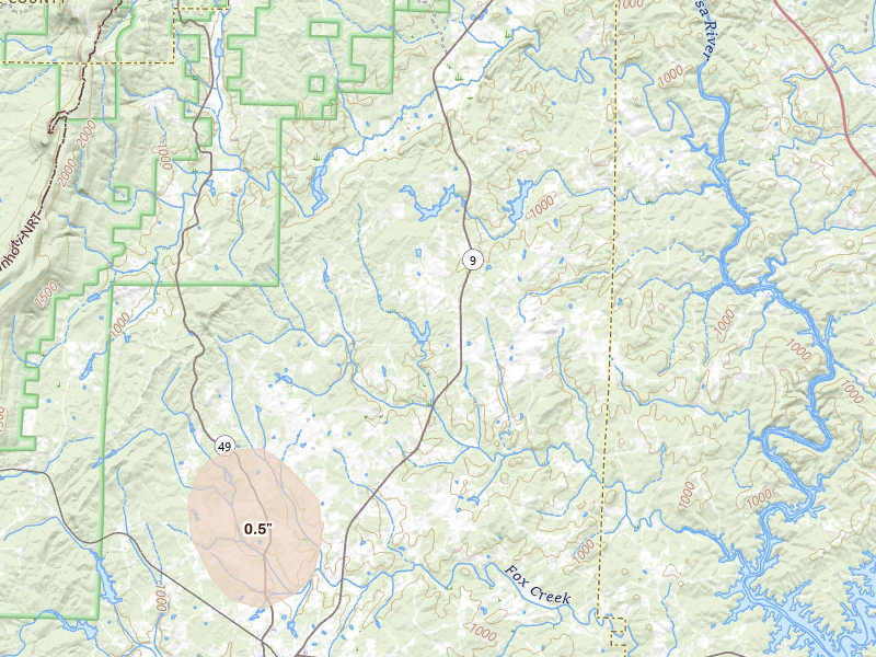 Radar-estimated hail-size map of the storm over Delta, AL on Jul 5, 2026