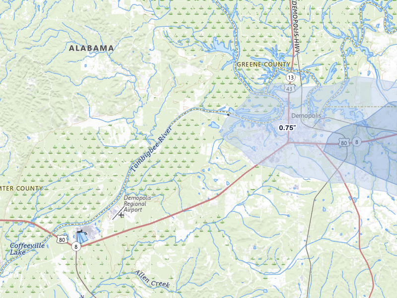 NEXRAD radar-signature map of the hail storm over Demopolis, AL on Apr 28, 2026