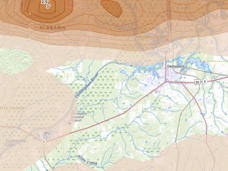 Radar-estimated hail-size map of the storm over Demopolis, AL on May 6, 2026